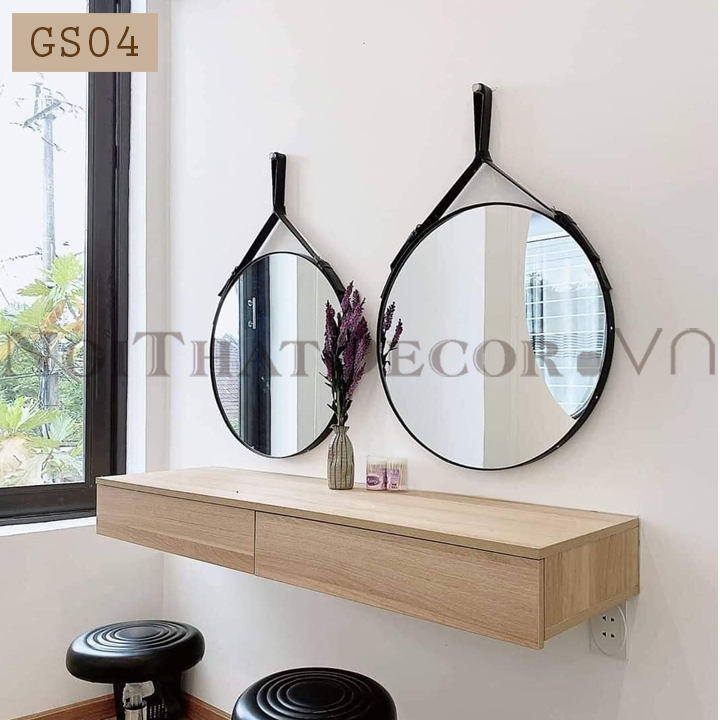 Gương tròn treo tường bàn trang điểm nhà tắm dây da GS04